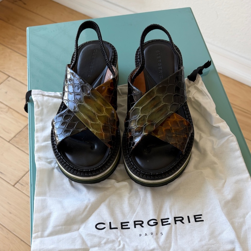 Robert Clergerie Black and Green Snake-Print Leather Slingback Sandals